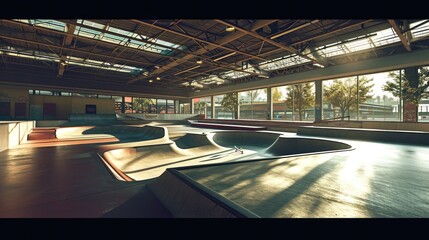 A dynamic skate park with ramps, bowls, and skaters performing tricks - obrazy, fototapety, plakaty