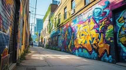 A dynamic street art mural in an urban alley, showcasing vibrant graffiti and a message of cultural...