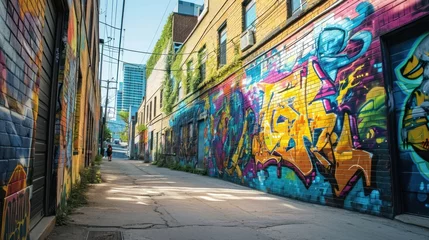 Foto auf Alu-Dibond A dynamic street art mural in an urban alley, showcasing vibrant graffiti and a message of cultural expression and urban creativity. © Bijac