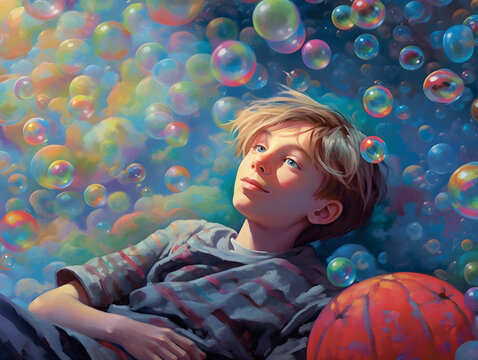 a boy dreaming in the world of colorful bubbles 