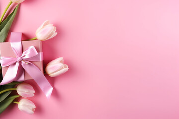 Fototapeta na wymiar Mother's Day concept. Top view photo of stylish pink giftbox with ribbon bow and bouquet of tulips on isolated pastel pink background with copyspace