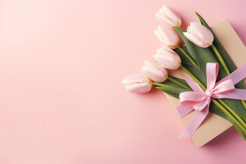 Mother's Day concept. Top view photo of stylish pink giftbox with ribbon bow and bouquet of tulips on isolated pastel pink background with copyspace