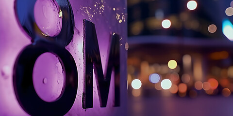 8M sign with city background, bokeh lights. March 8 - obrazy, fototapety, plakaty