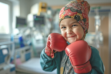 A boy in his hospital room, with a face of anger and determination, wearing red boxing gloves and a headscarf, ready to win the fight against cancer and any disease challenge. - obrazy, fototapety, plakaty