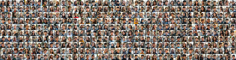 Obraz premium composite portrait of early teens of different cultures headshots, including all ethnic, racial, and geographic types of children in the world outside a city street