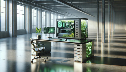 Cutting-edge green computing workstation in industrial setting with sleek design and eco-friendly features.
