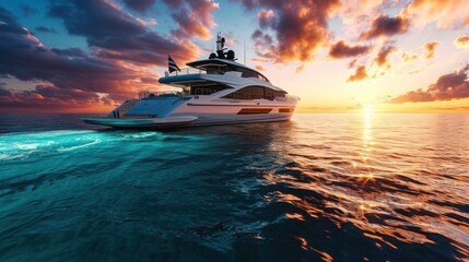 A luxurious yacht sailing on a crystal-clear ocean at sunset - obrazy, fototapety, plakaty