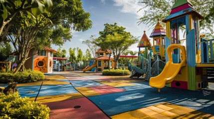 A whimsical children's playground with imaginative play structures and bright colors