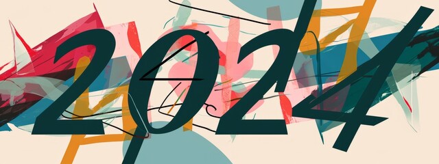 2024 banner artistic pop art retro bauhaus art deco new years abstract colourful graphic design NYE Maximalist, messy arty graphic element wallpaper background backdrop - obrazy, fototapety, plakaty