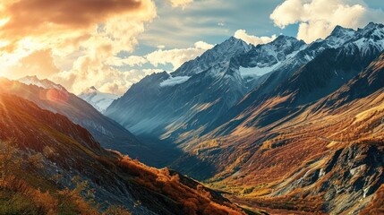 A panoramic view of a majestic mountain range at sunset, showcasing the grandeur of nature and the tranquility of the great outdoors.