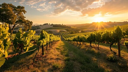 A panoramic vineyard scene at sunset, with rows of grapevines and a picturesque landscape, evoking the beauty and tradition of winemaking. - obrazy, fototapety, plakaty