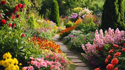 A peaceful flower garden in full bloom, with a variety of colorful flowers and a tranquil ambiance, symbolizing beauty, growth, and nature.