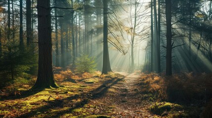 A peaceful nature scene, capturing the tranquility of a forest with sunlight filtering through the trees, evoking a sense of calm and escape. - obrazy, fototapety, plakaty