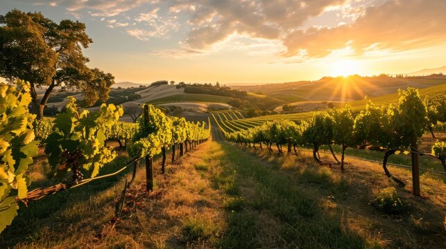 A panoramic vineyard scene at sunset, with rows of grapevines and a picturesque landscape, evoking the beauty and tradition of winemaking. - Powered by Adobe