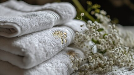 Soft white towels with elegant embroidery and baby's breath flowers - obrazy, fototapety, plakaty