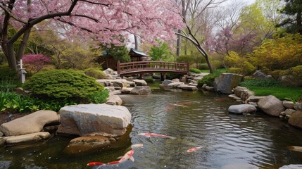 A serene Japanese garden with koi ponds, cherry blossoms, and traditional bridges, offering a peaceful retreat and a connection to nature and culture.