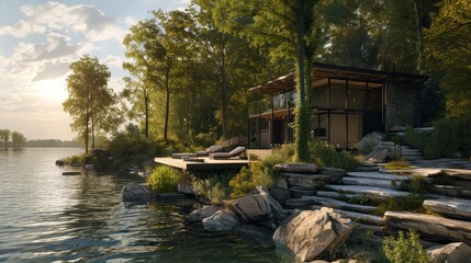 Obraz premium A serene lakeside retreat, capturing the peace and beauty of nature, ideal for relaxation, reflection, and disconnecting from the busy world.