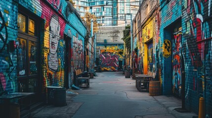 A vibrant street art scene in an urban setting, showcasing diverse artistic expressions