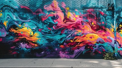 A vibrant urban art mural with graffiti and street art elements