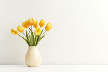 minimalistic flower composition. yellow tulip in a vase on a white background, space for a text