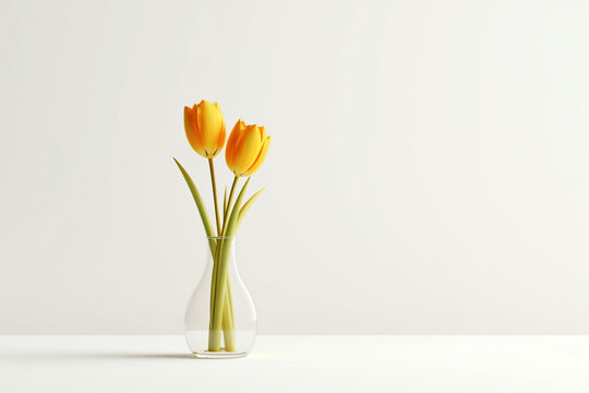 minimalistic flower composition. yellow tulip in a vase on a white background, space for a text