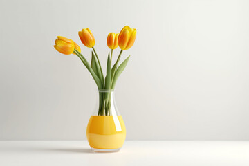 minimalistic flower composition. yellow tulip in a vase on a white background, space for a text