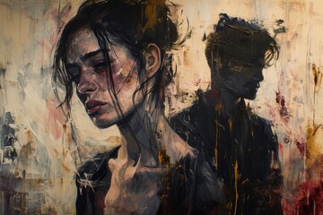 painting of a couple separated, female upset and a man as a dark shade on background
