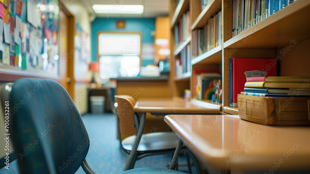 Poster cozy library corner with empty chairs and a bookshelf