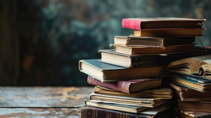 Stack of vintage books on a wooden table - obrazy, fototapety, plakaty