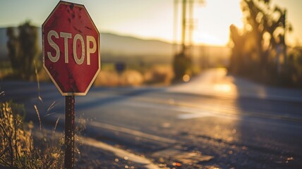 Weathered stop sign at sunset on a country road - obrazy, fototapety, plakaty