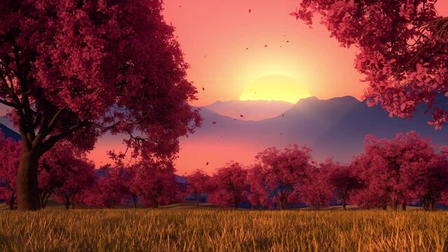 Nature Landscape at Sunset with Grass, Trees and Wind - Loop Fantasy Background