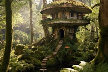 A woodland dwelling resembling a mushroom amidst lush greenery. Generative AI