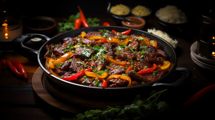 Tender crispy Szechuan beef cooked in a bright sweet and sour hot sauce with peppers and onions, in a handmade frying pan against