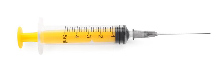 New medical syringe with needle isolated on white, top view