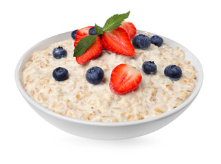 Tasty boiled oatmeal with berries in bowl isolated on white