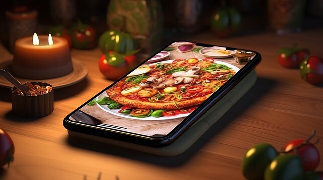 Delicious Delights at Your Fingertips: Explore the World of Online Food Ordering and Delivery with Our Vibrant 3D Smartphone Image