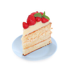 Piece of tasty cake with fresh strawberries and mint isolated on white