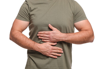Man suffering from stomach pain on white background, closeup