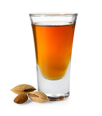 Shot glass with tasty amaretto liqueur and almonds isolated on white