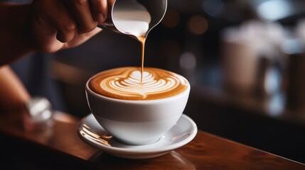 Artistry in Motion: Mesmerizing Latte Pour by Skilled Barista - Captivating Coffee Cup Closeup in Vibrant Coffee Shop Ambiance