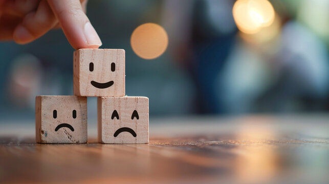 Man picking Happy face wooden cube on sad face cube block the table in optimistic mindset. Created using generative AI.