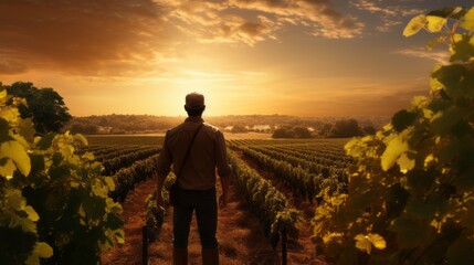 Fototapeta premium Golden Dawn: A Serene Figure Embracing the Promise of Harvest in a Bountiful Vineyard