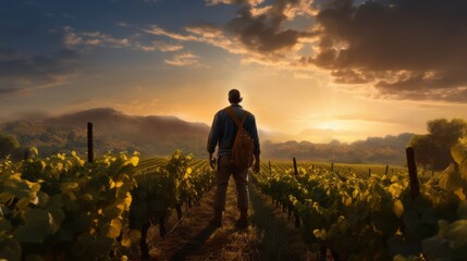 Golden Dawn: A Serene Figure Embracing the Promise of Harvest in a Bountiful Vineyard - obrazy, fototapety, plakaty