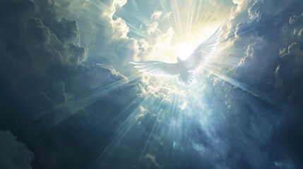 Heavenly vision of the Holy Spirit as a guiding light, with soft, ethereal rays and a sense of divine presence. - obrazy, fototapety, plakaty