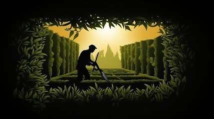 Mystical Mastery: Enchanting Silhouette of a Gardener Sculpting Nature's Labyrinth in a Serene Garden Maze