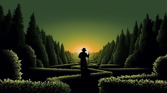 Mystical Mastery: Enchanting Silhouette of a Gardener Sculpting Nature's Labyrinth in a Serene Garden Maze