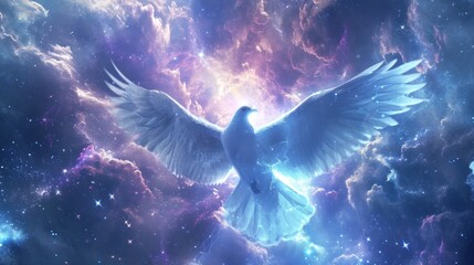 Artistic representation of the Holy Spirit as a luminous dove in a celestial background, symbolizing divinity and purity. - obrazy, fototapety, plakaty