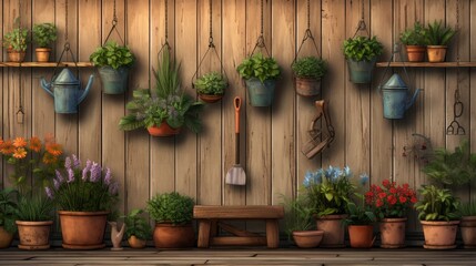 Fototapeta na wymiar Nature's Oasis: Vibrant Hanging Gardens on Rustic Wood - A Serene Escape for Green Thumbs and Plant Lovers