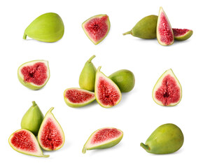 Fresh ripe green figs isolated on white, set