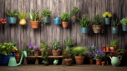 Nature's Oasis: Vibrant Hanging Gardens on Rustic Wood - A Serene Escape for Green Thumbs and Plant Lovers